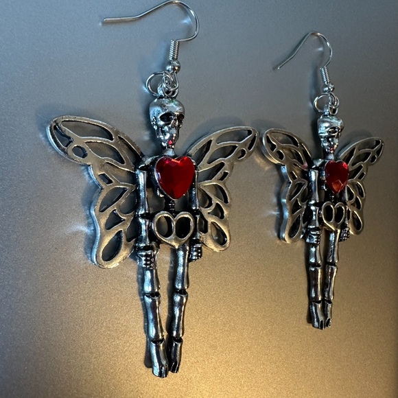 Halloween Earrings “Fairy Skeleton” Silver Red Heart Whimsy Goth Edgy Dangle New - Picture 6 of 12